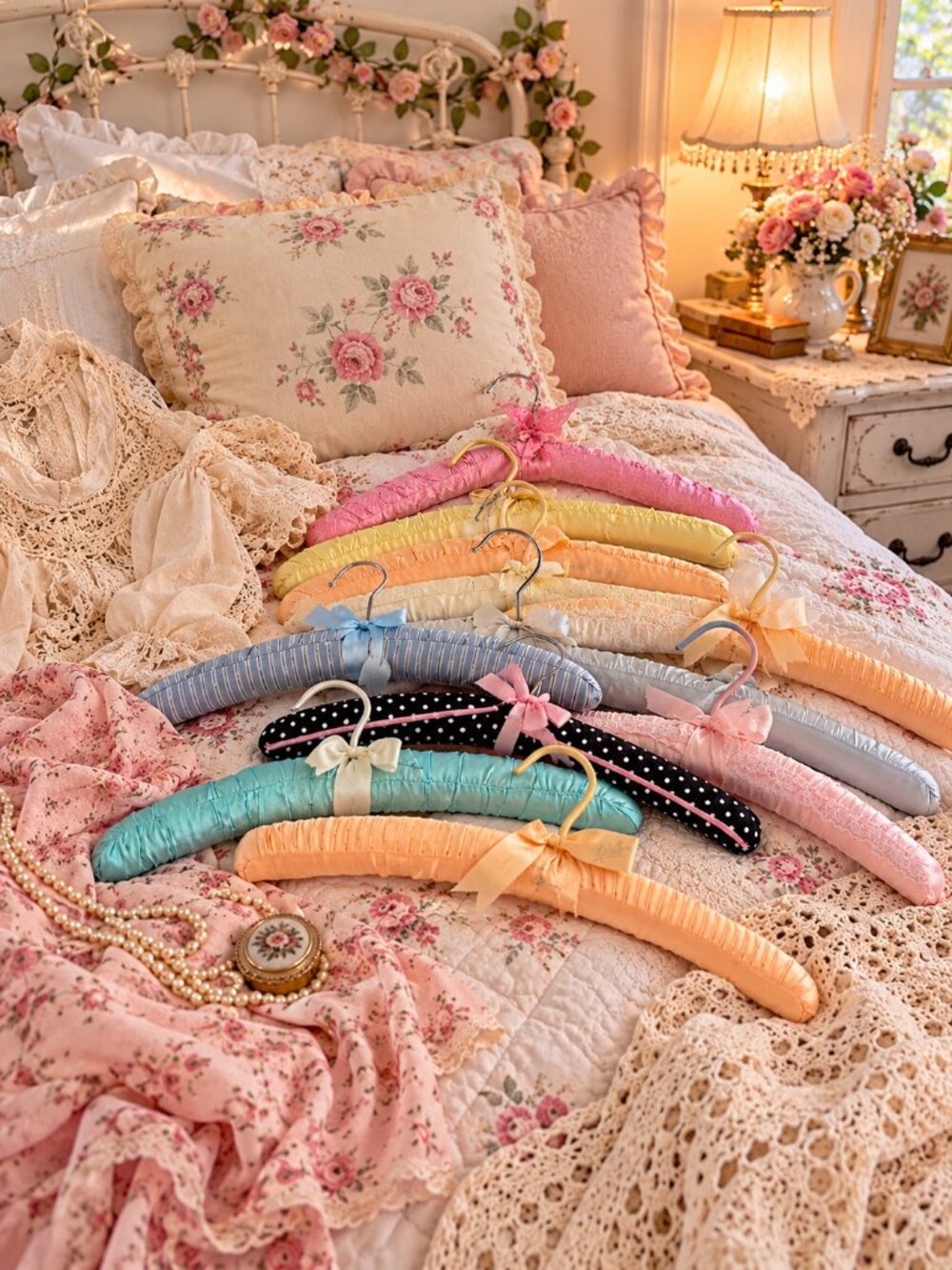 Vintage Padded Clothes Hangers Lot – Satin & Cotton Pastel Lingerie Dress Hanger